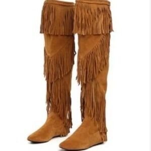 Sam Edelman Over-the-Knee Fringe Boots in Saddle Brown
